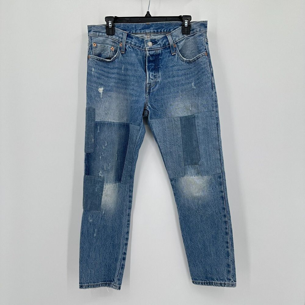 Levis 501 CT Jeans Womens 32x32 TRUE Blue Denim Patchwork Distressed‎ Button Fly